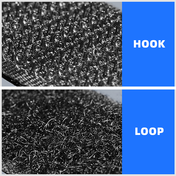 The microstructure of the hook and loop is shown side by side.